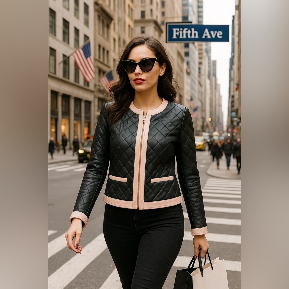 Zarina | Black Pink Faux Leather Quilted Lined Moto Zipper Jacket Blazer EU 44